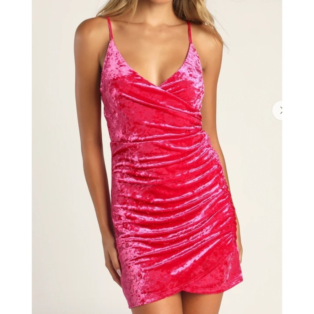 New! V-Neck Fuchsia Pink Velvet Strappy Sexy Mini‎ Cocktail Party Dress Sz S